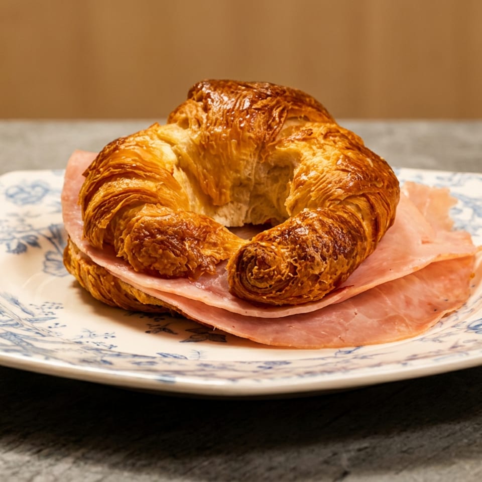 Golden-brown croissant with slices of ham on a white plate with blue floral patterns.