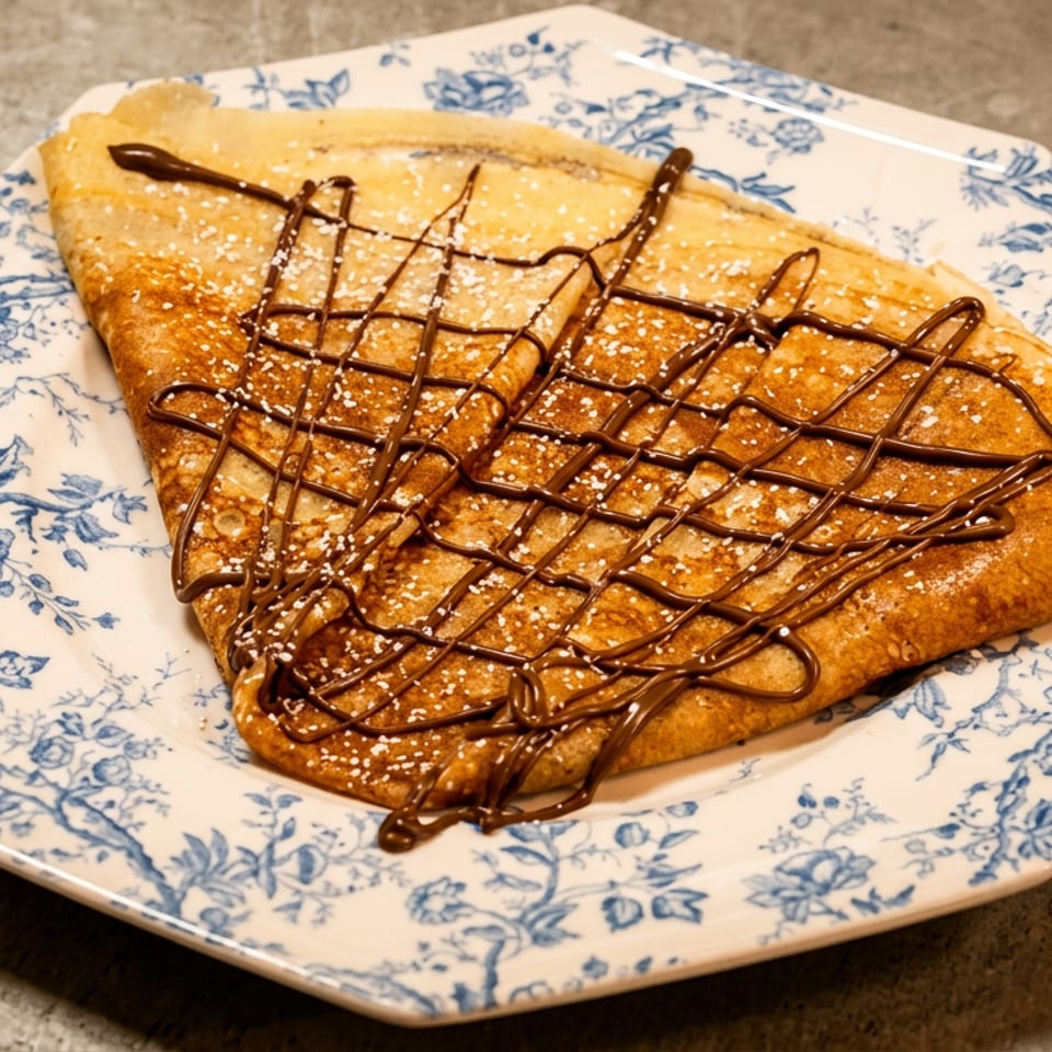 A golden-brown crepe drizzled with chocolate sauce and powdered sugar on a blue and white plate.