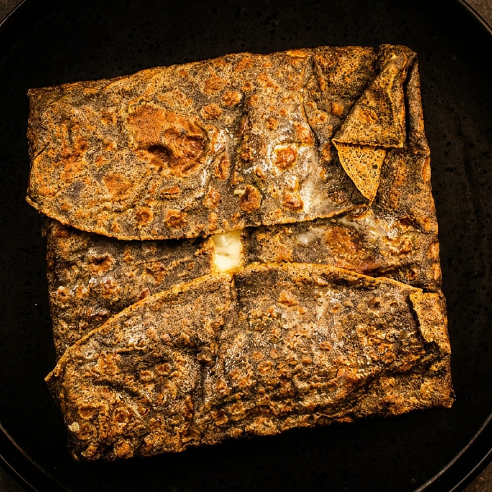A square, folded crepe with a golden-brown, textured surface, served on a dark plate.